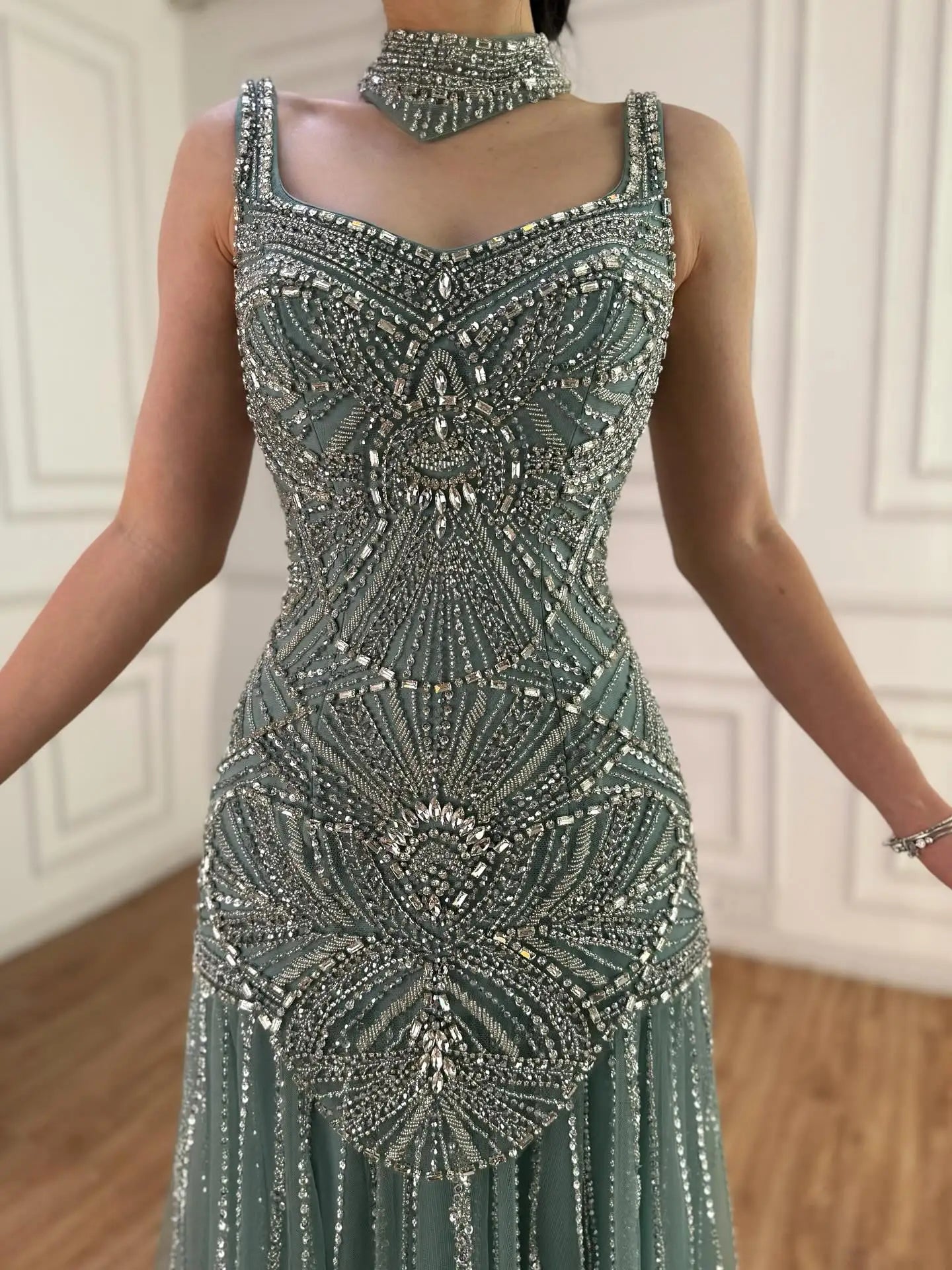 Luxury Turquoise Arabic Mermaid Beaded Evening Dress CLA73189B