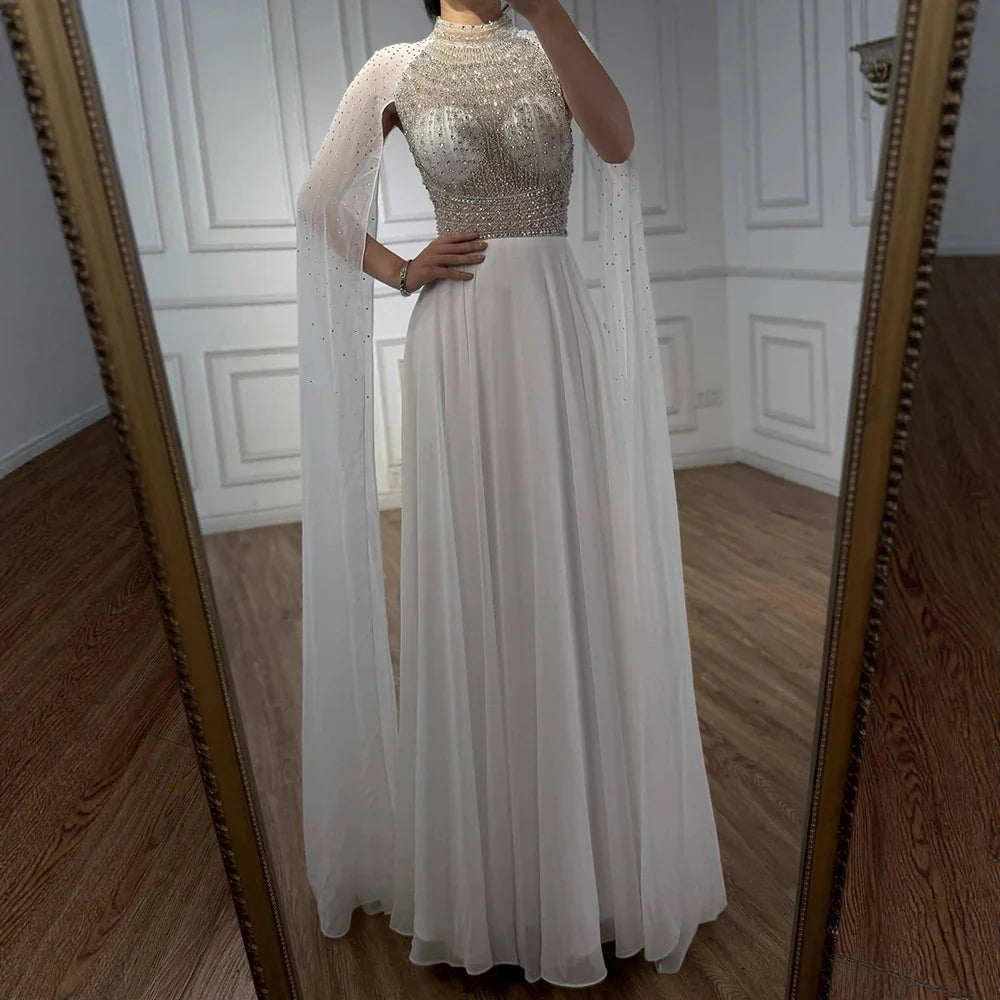 Luxury Nude Chiffon Beaded Evening Dress with Cape LA73144