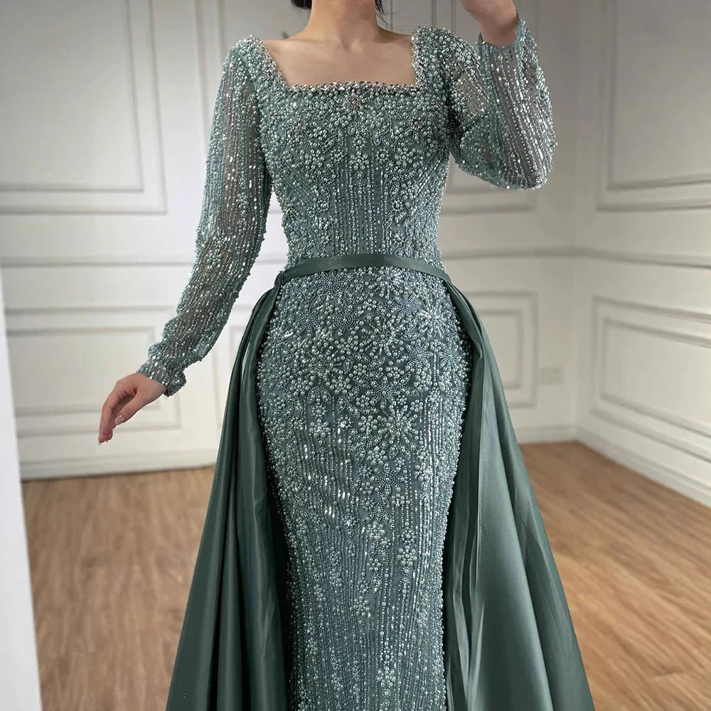 Luxury Dubai Arabic Muslim Caramel Mermaid Beaded Evening Gown with Overskirt CLA72533A