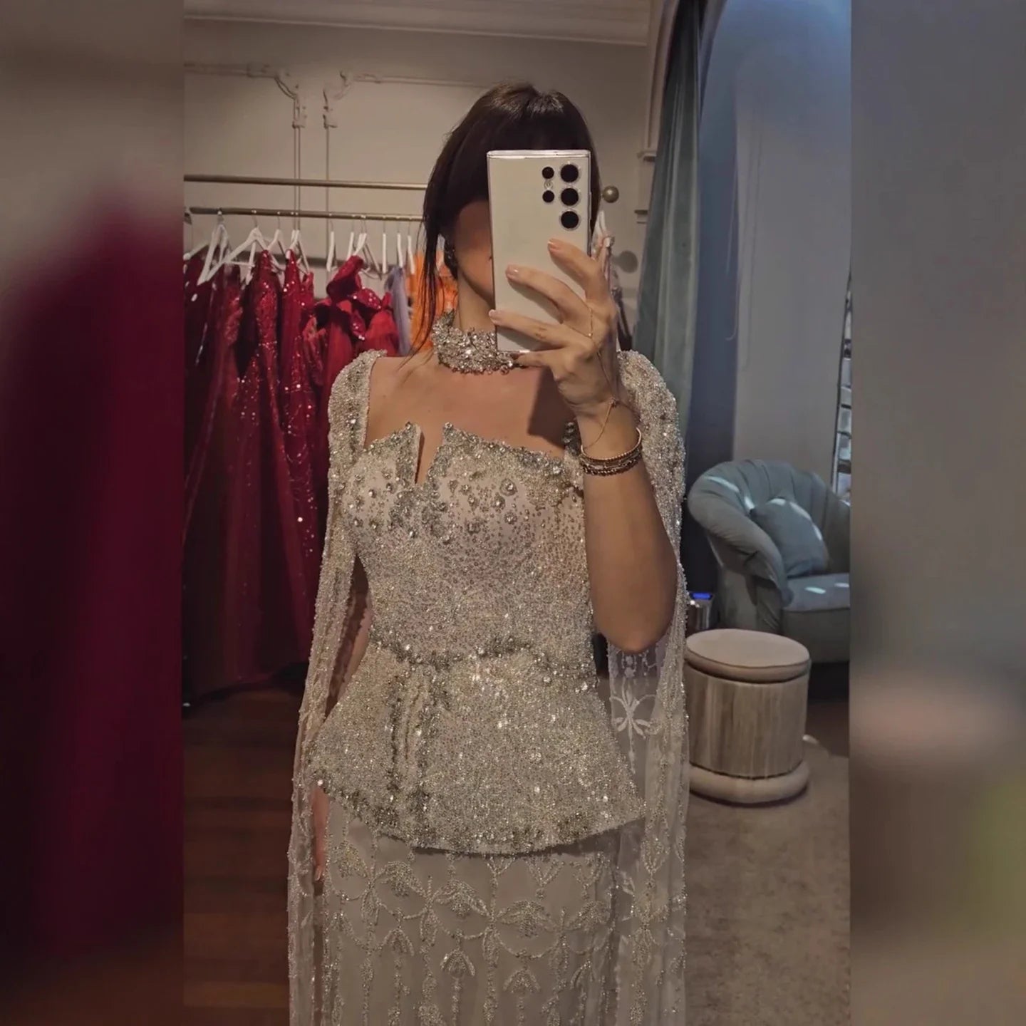 Luxury Nude Dubai Crystal Beaded Evening Dress with Cape LA73274