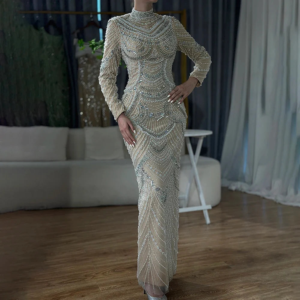 Arabic Luxury Beaded Pearls Mermaid Evening Dress Modest Hijab High Neck CLA72091L