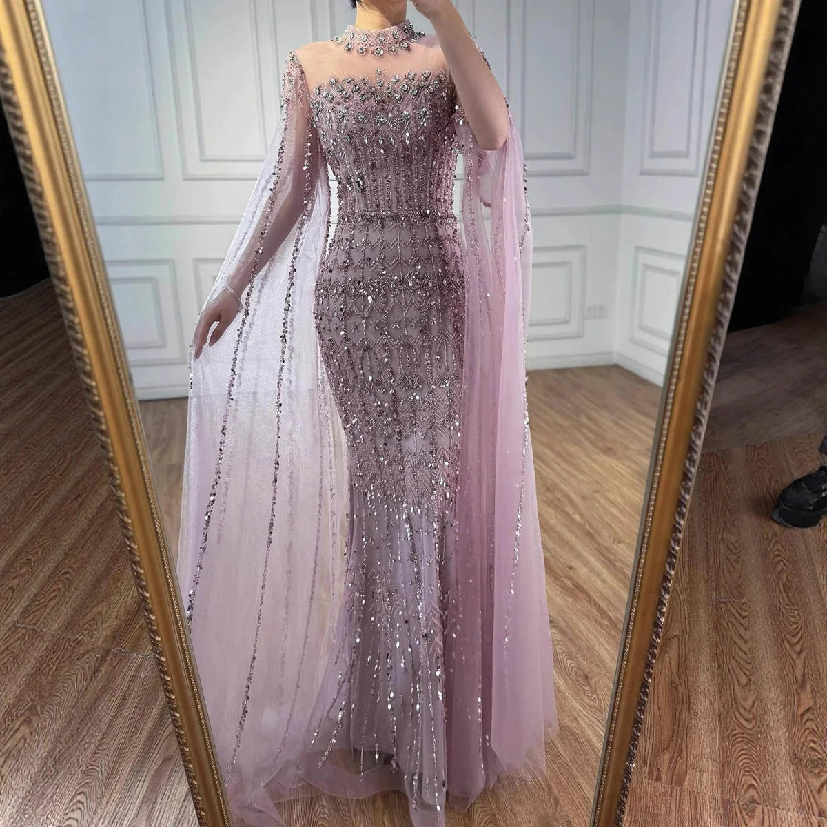 Arabic Luxury Beaded Mermaid Evening Dress Modest High Neck Cape Sleeves CLA72714A