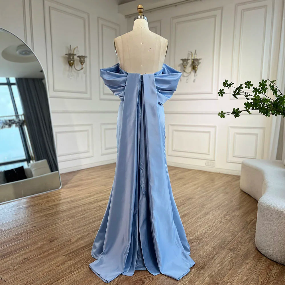 Luxury Baby Pink Off Shoulder Satin Simple Beaded Mermaid Evening Dress CLA72414