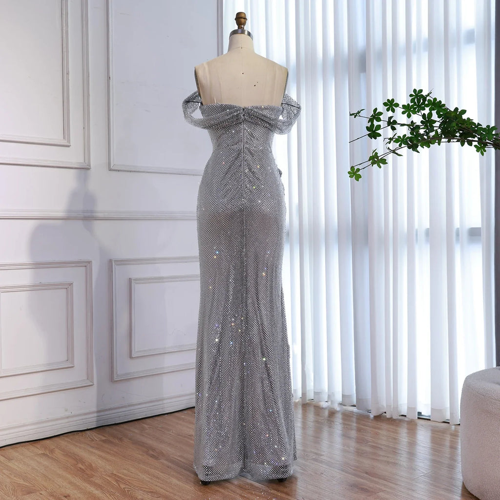 Kosovo Luxury Silver Diamonds Off Shoulder With Slit Mermaid Evening Dress CLA73410