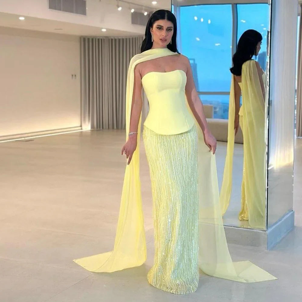Simple Yellow Mermaid Evening Dress With Shawl CLA73007