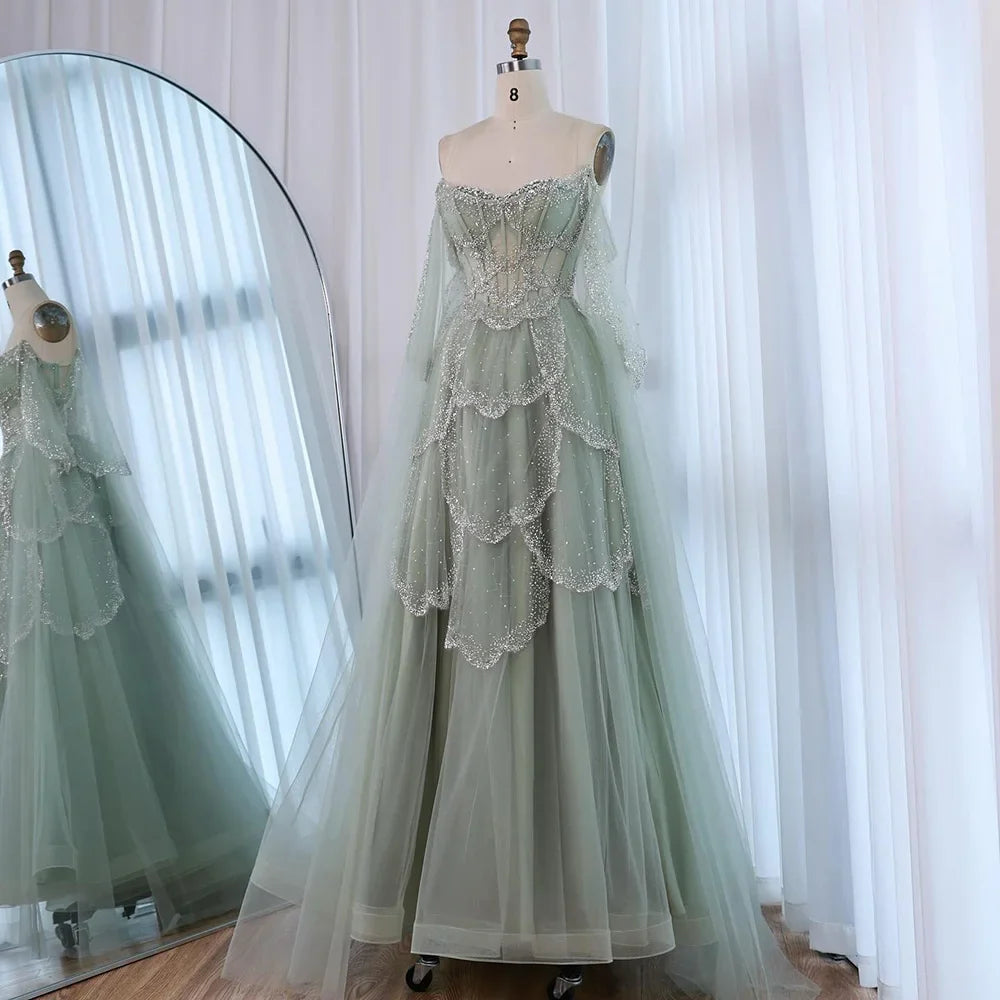 Luxury Arabic Sage Green Beaded A-Line Evening Dress with Cape CLA72605A