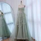 Luxury Arabic Sage Green Beaded A-Line Evening Dress with Cape CLA72605A