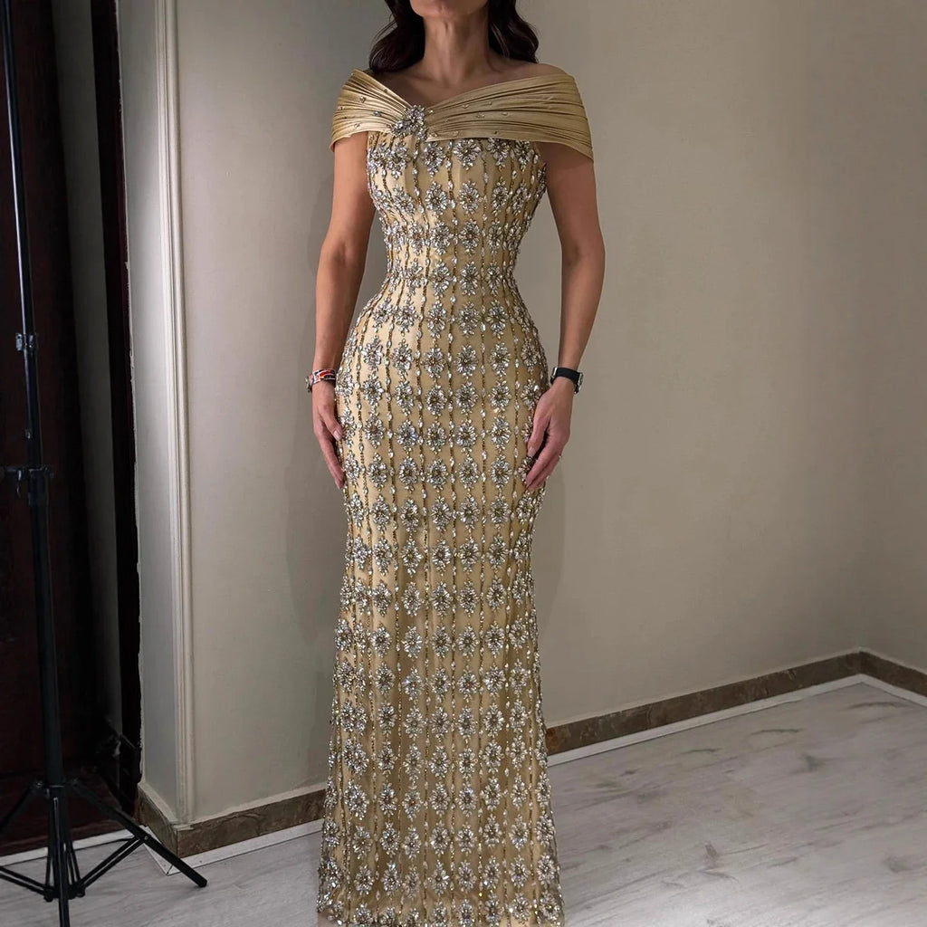Arabic Luxury Gold Beaded Mermaid Evening Dress CLA73362