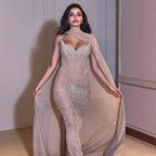 Luxury Arabic Nude Beaded Strapless With Cape Corset Evening Dress CLA73343