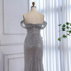 Kosovo Luxury Silver Diamonds Off Shoulder With Slit Mermaid Evening Dress CLA73410