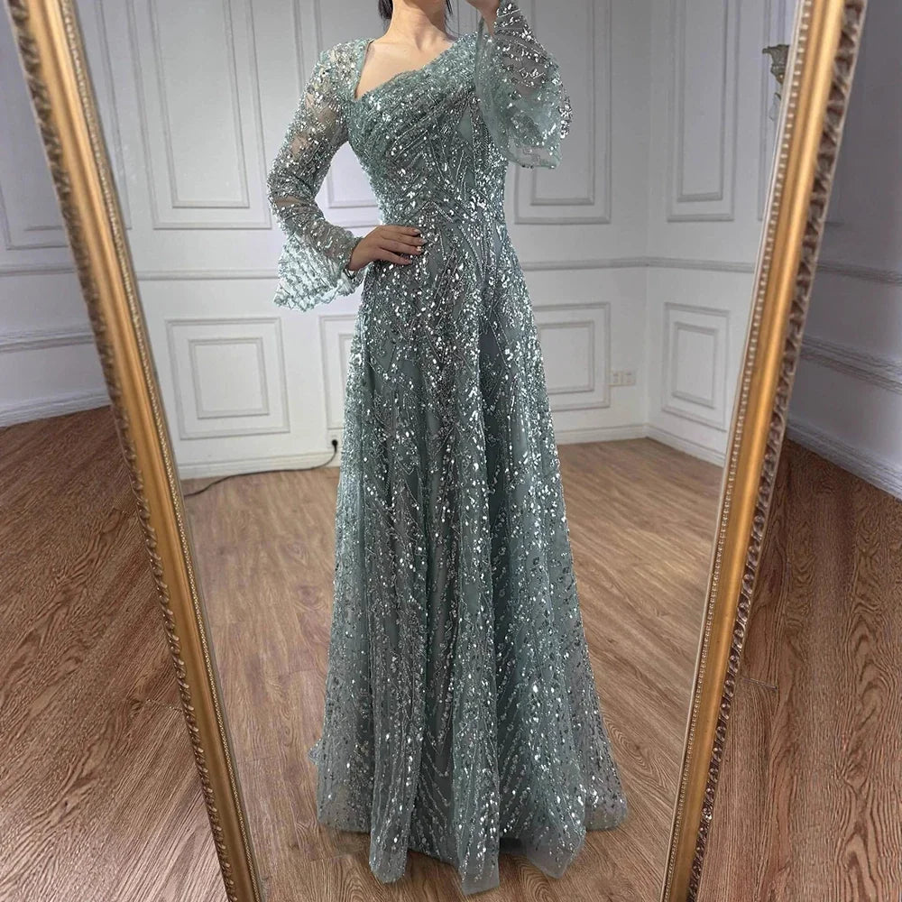 Arabic Turquoiise A-Line Flared Sleeves Simple Style Evening Dress CLA73177