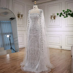 Luxury White Dubai Arabia Beaded Evening Dress With Cape CLA72870