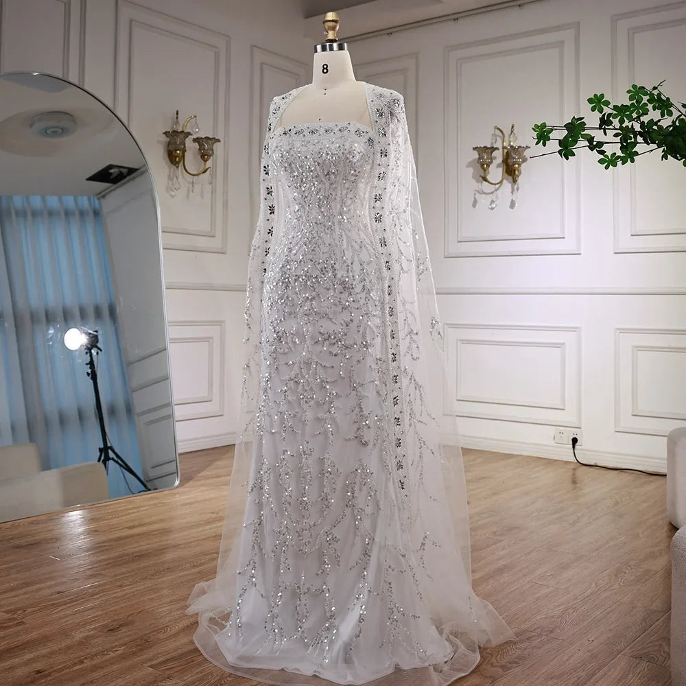 Luxury White Dubai Arabia Beaded Evening Dress With Cape CLA72870