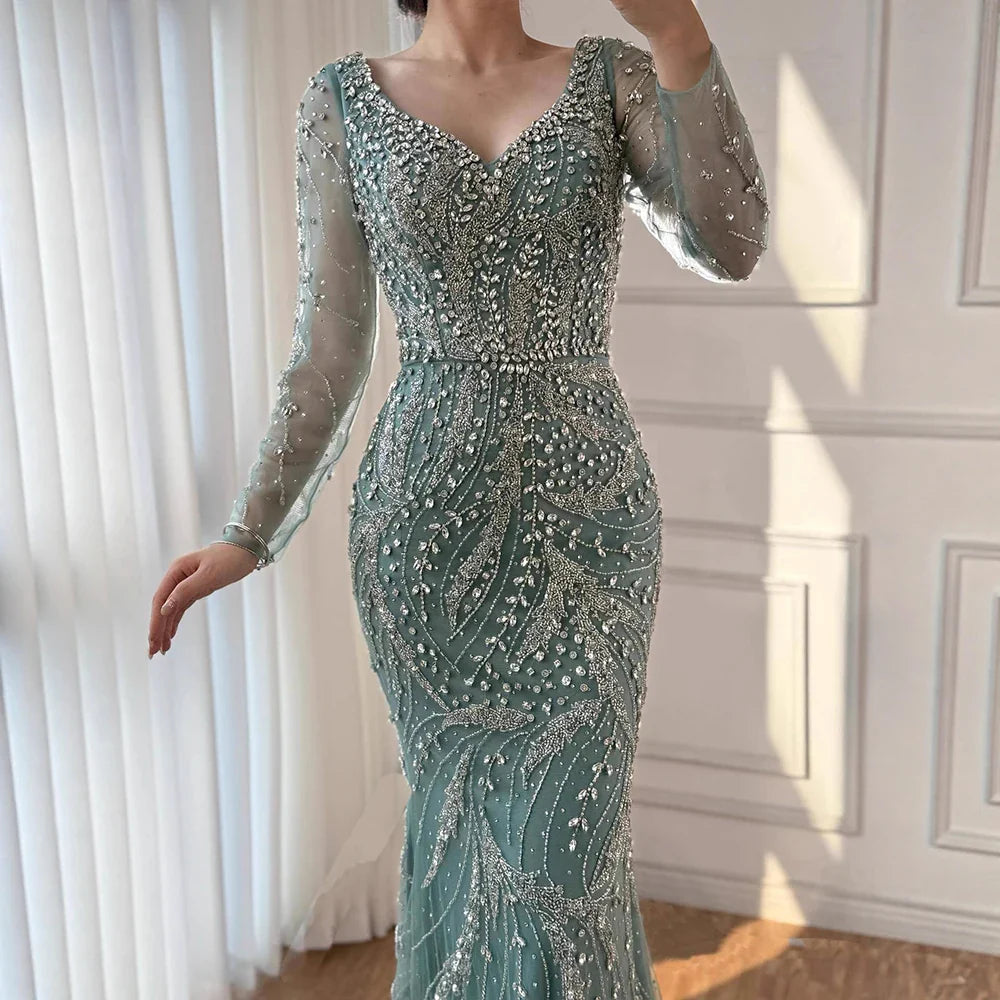 Luxury Muslim Nude Arabic Mermaid Beaded Evening Dress CLA73191