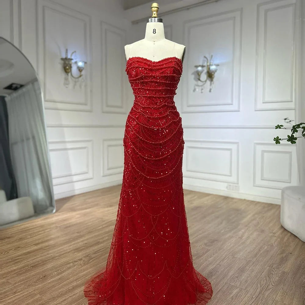 Arabic Luxury Pearls Strapless Mermaid With Cape Evening Dress CLA72585A
