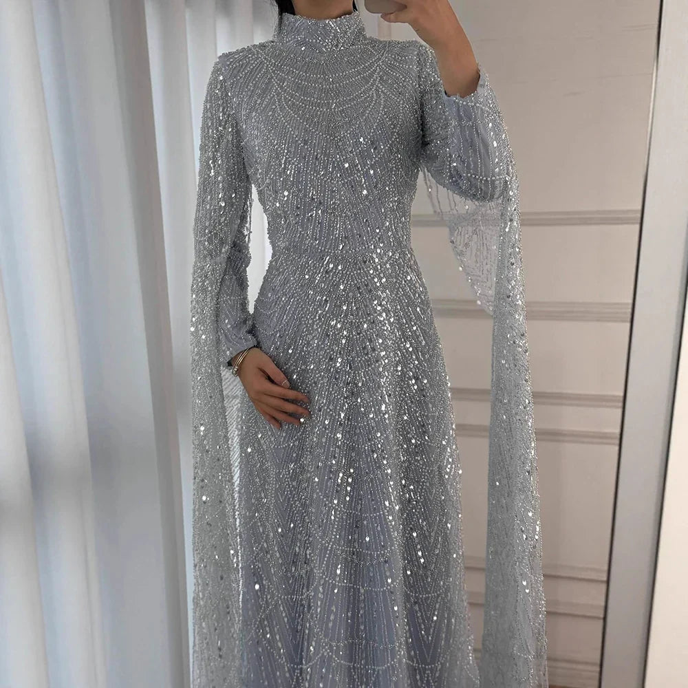 Arabic Modest For Muslim Women Hijab A-Line Cape Sleeves Evening Dress CLA72591