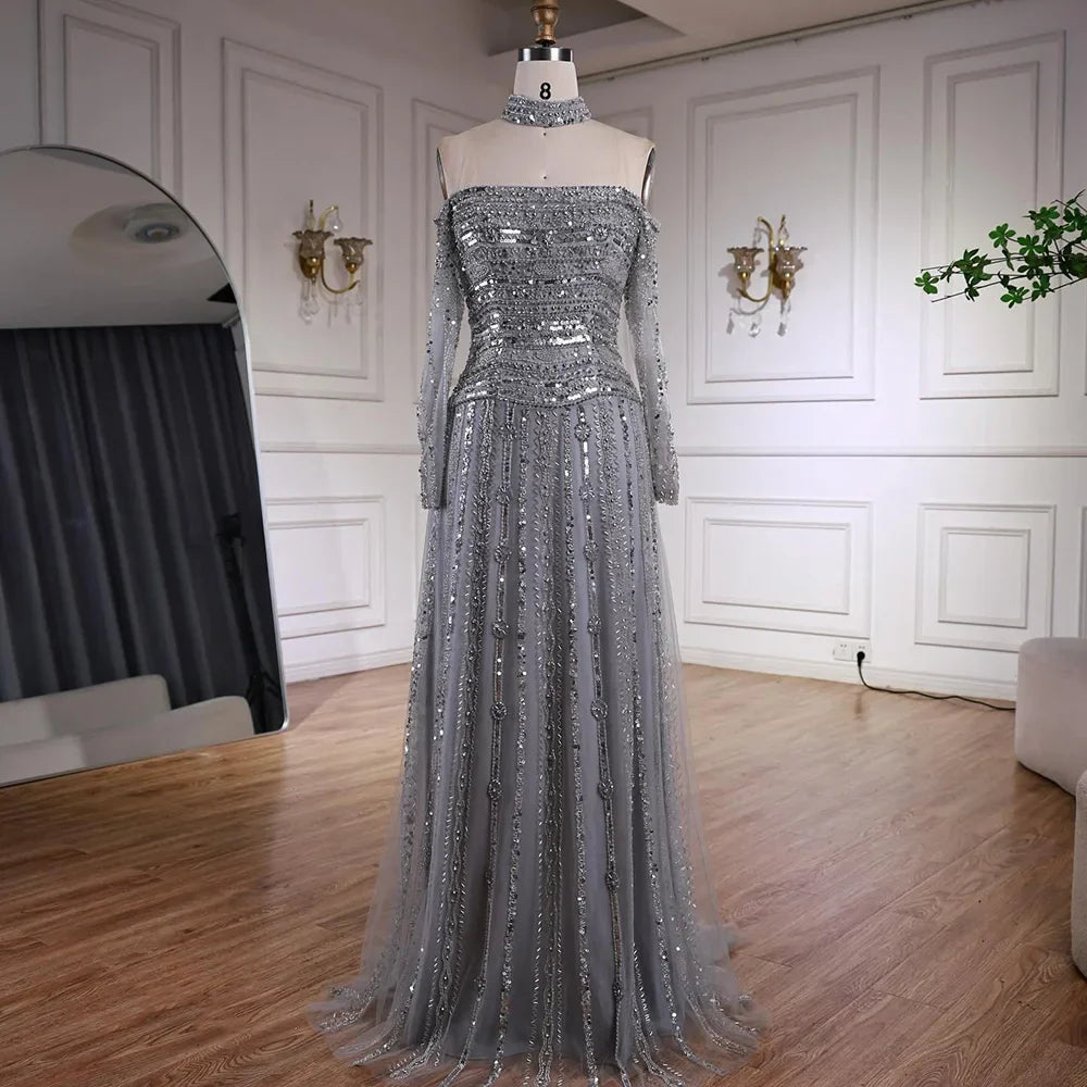 Luxury Caramel Off Shoulder Beaded Mermaid Evening Dress Long Sleeves CLA73053