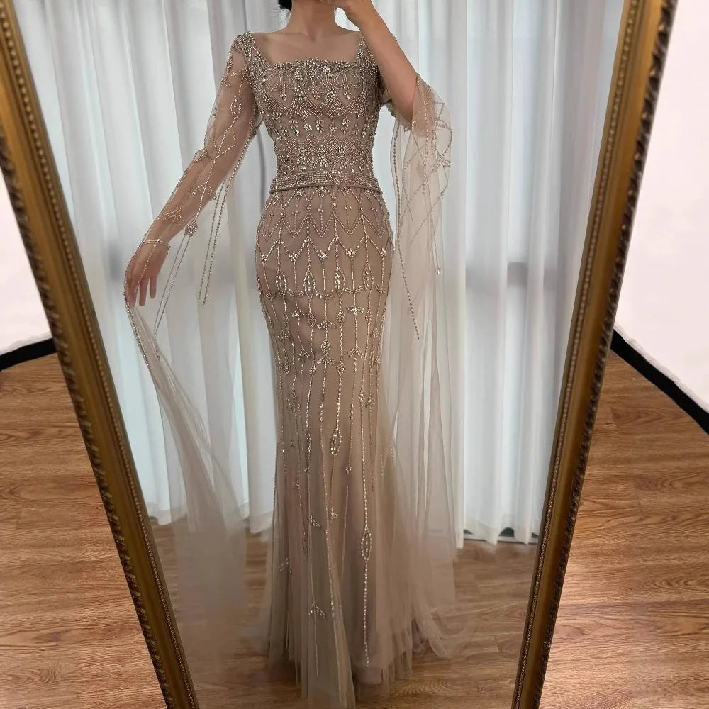 Luxury Arabic Caramel Beaded Evening Dress With Cape Sleeves CLA72966A