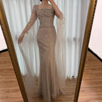 Luxury Arabic Caramel Beaded Evening Dress With Cape Sleeves CLA72966A