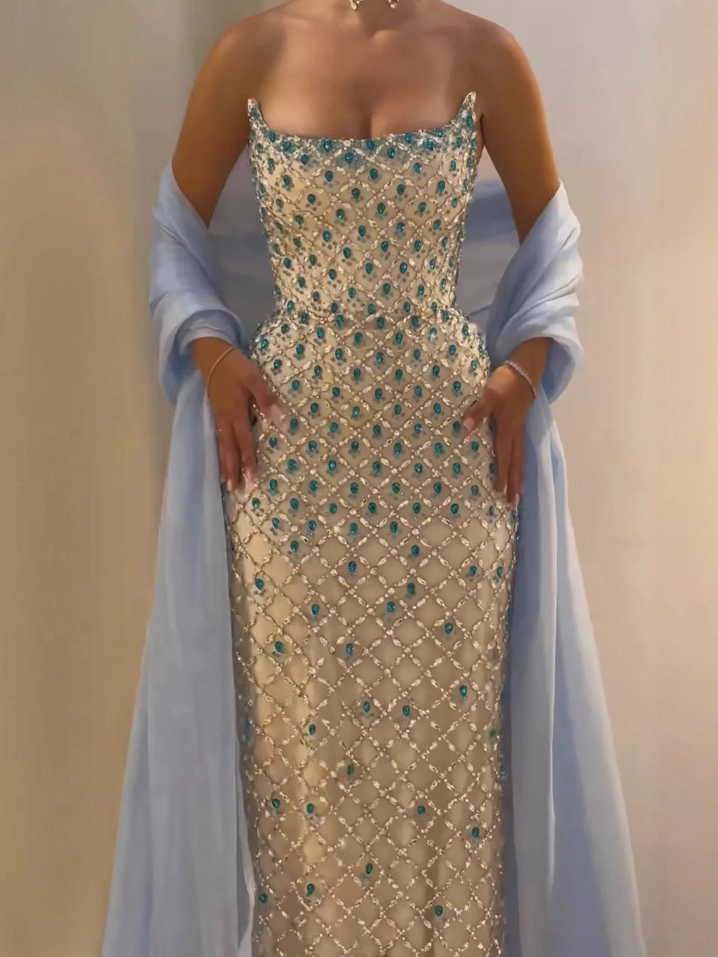 Arabic Luxury Blue Diamonds Mermaid Evening Dress WIth Cape Women Wedding Party Gown CLA73226