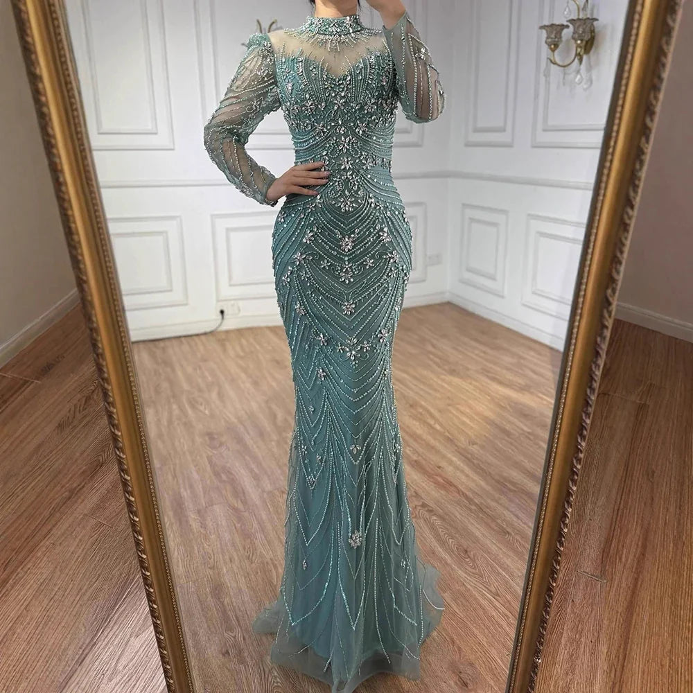 Luxury Nude Beaded Long Sleeves Modest Muslim Mermaid Evening Dress CLA73158