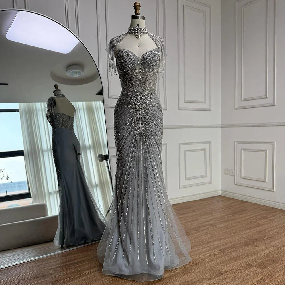 Luxury Nude Beaded Mermaid Detachable Cape Evening Dress With Overskirt CLA73182