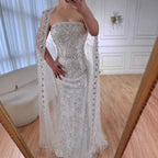 Luxury White Dubai Arabia Beaded Evening Dress With Cape CLA72870
