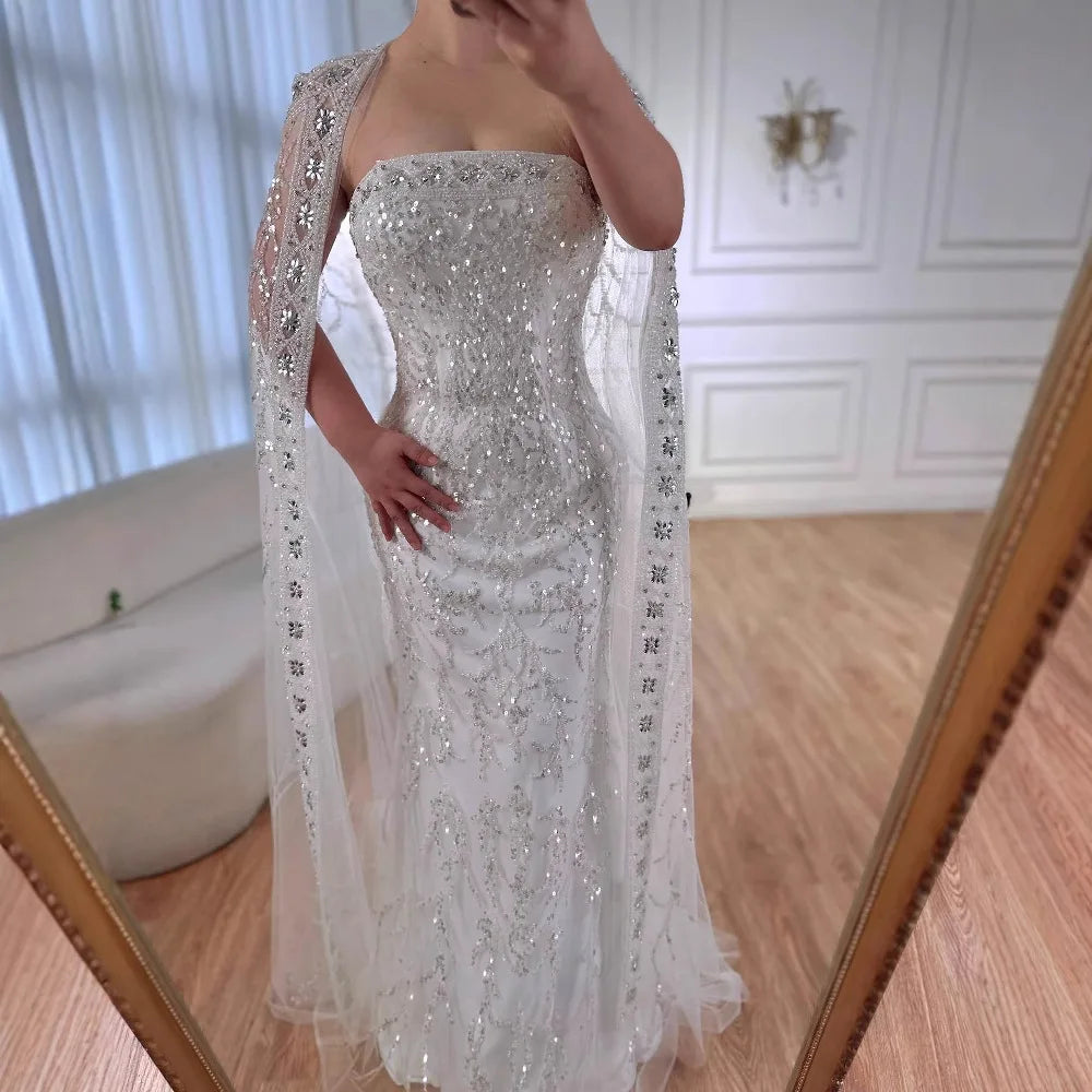 Luxury White Dubai Arabia Beaded Evening Dress With Cape CLA72870