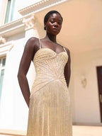 Arabic Luxury Beaded Tassels Mermaid Evening Dress Spaghetti Straps Women Party Gown CLA73446