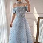 Luxury Nude Sliver Off Shoulder Beaded Crystal A-Line Evening Dress CLA73122