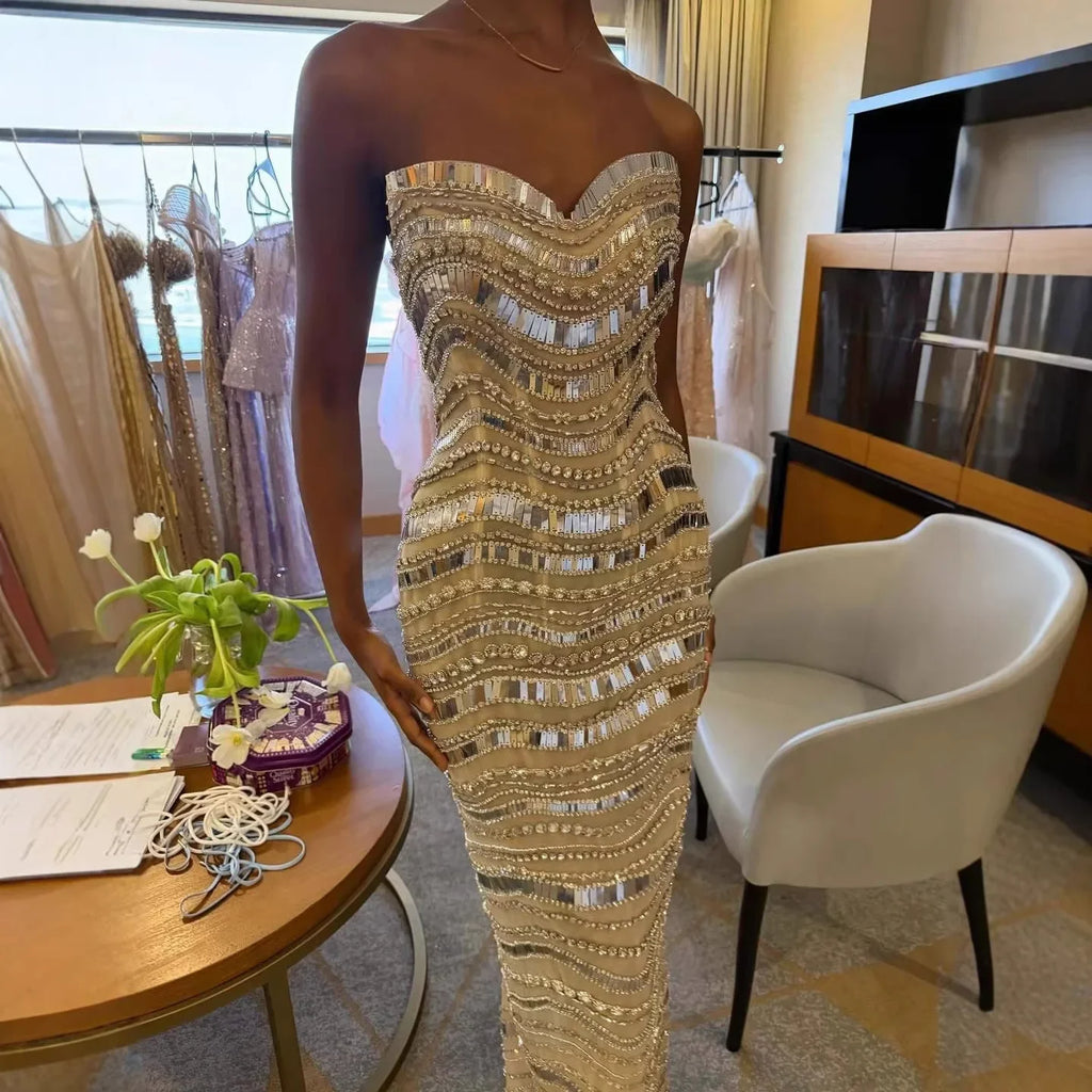 Kosovo Luxury Diamonds Full Beaded Mermaid Evening Dress Strapless Women Red Carpet Gown CLA73449