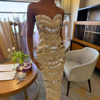 Kosovo Luxury Diamonds Full Beaded Mermaid Evening Dress Strapless Women Red Carpet Gown CLA73449