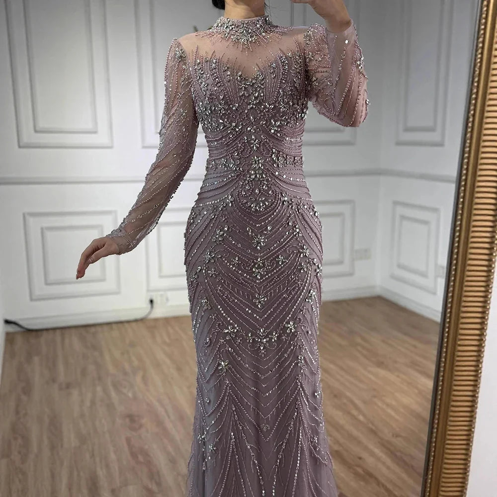 Luxury Nude Beaded Long Sleeves Modest Muslim Mermaid Evening Dress CLA73158