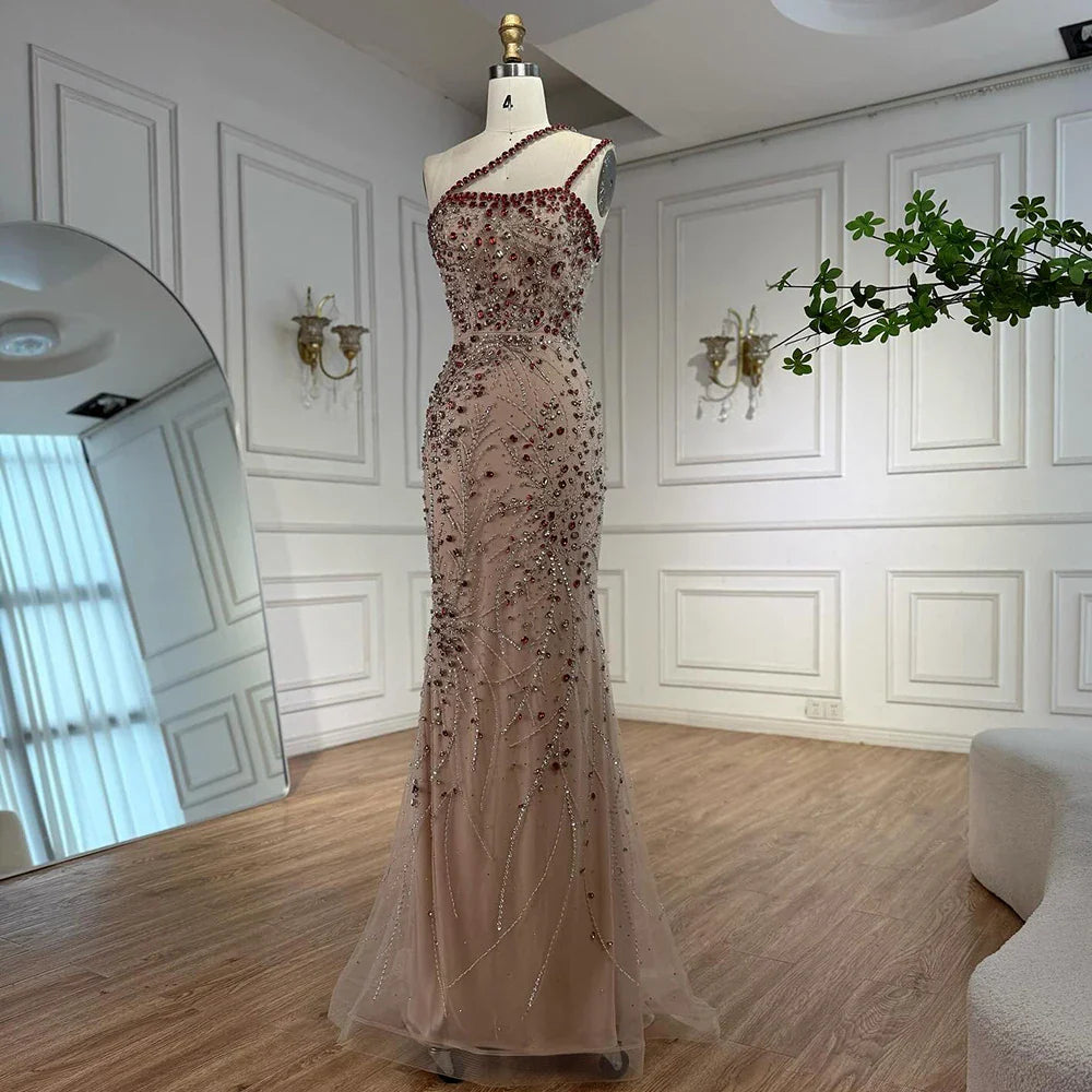 Luxury Red Saudi Arabic Crystal Beaded One Shoulder Evening Dress CLA73135