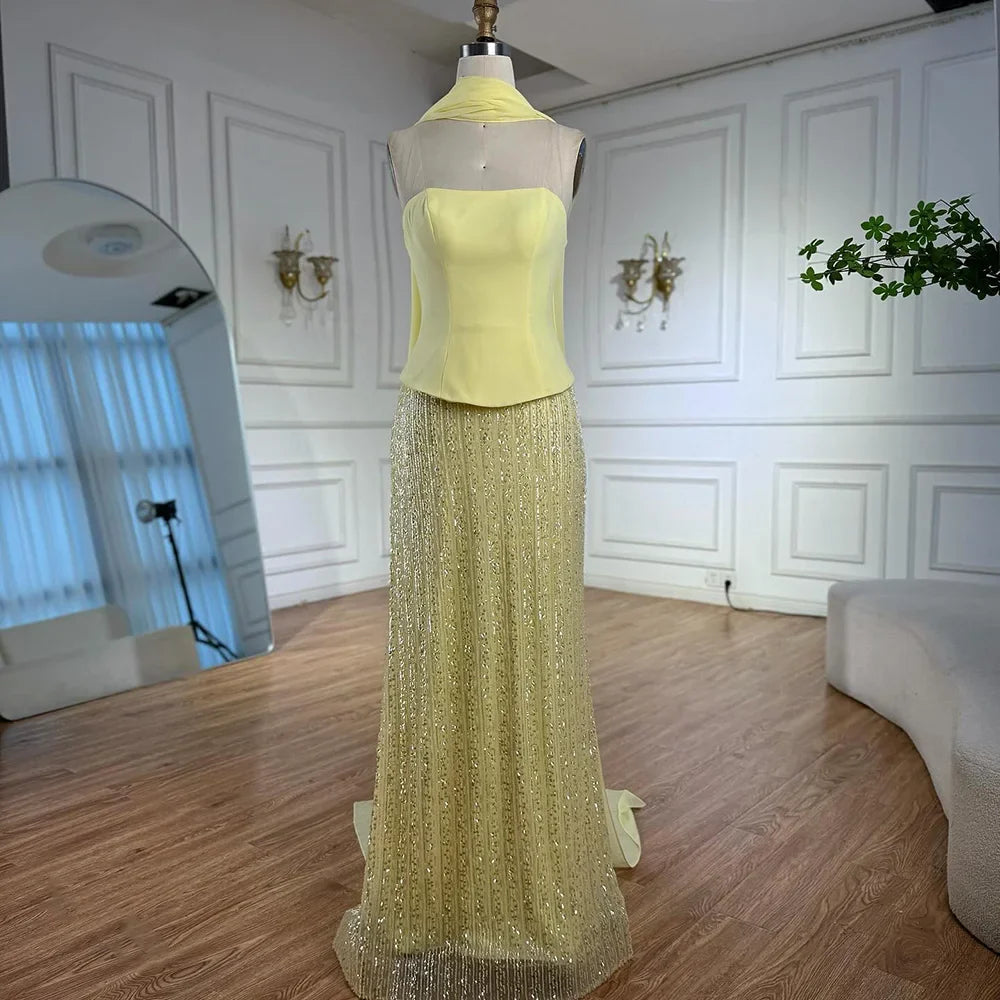 Simple Yellow Mermaid Evening Dress With Shawl CLA73007