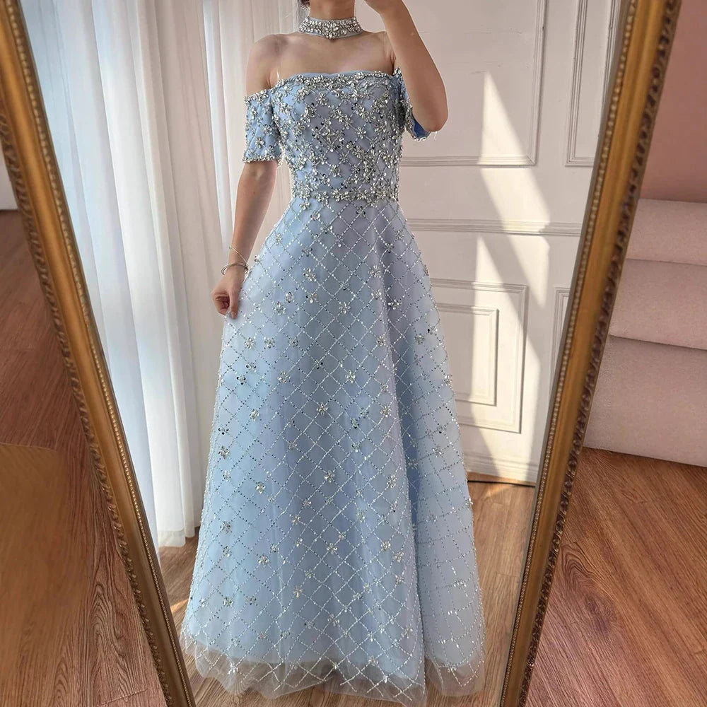 Luxury Nude Sliver Off Shoulder Beaded Crystal A-Line Evening Dress CLA73122