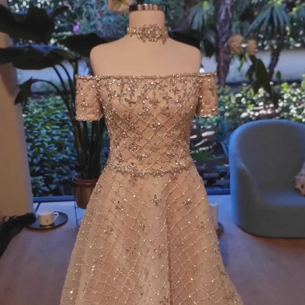Luxury Nude Sliver Off Shoulder Beaded Crystal A-Line Evening Dress CLA73122
