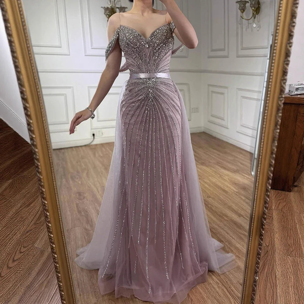Arabic Luxury Beaded Off Shoulder Mermaid With Overskirt Evening Dress CLA73128