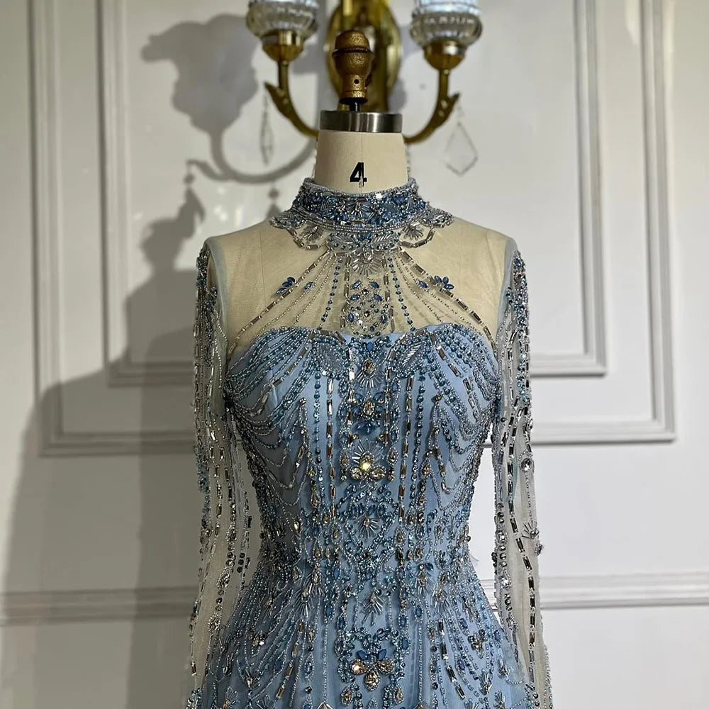Luxury Dubai Designer Modest A-Line Blue Lace Beaded Evening Dresses CLA72704