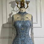 Luxury Dubai Designer Modest A-Line Blue Lace Beaded Evening Dresses CLA72704