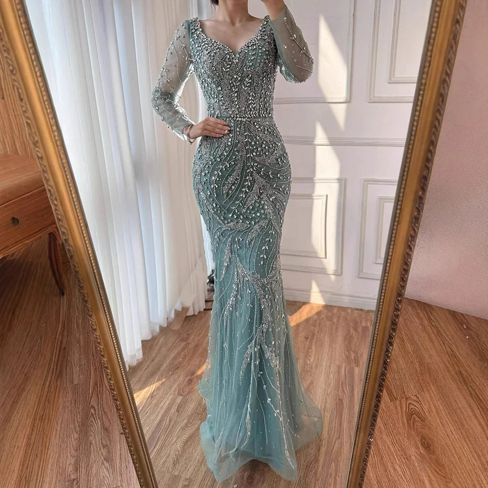 Luxury Muslim Nude Arabic Mermaid Beaded Evening Dress CLA73191