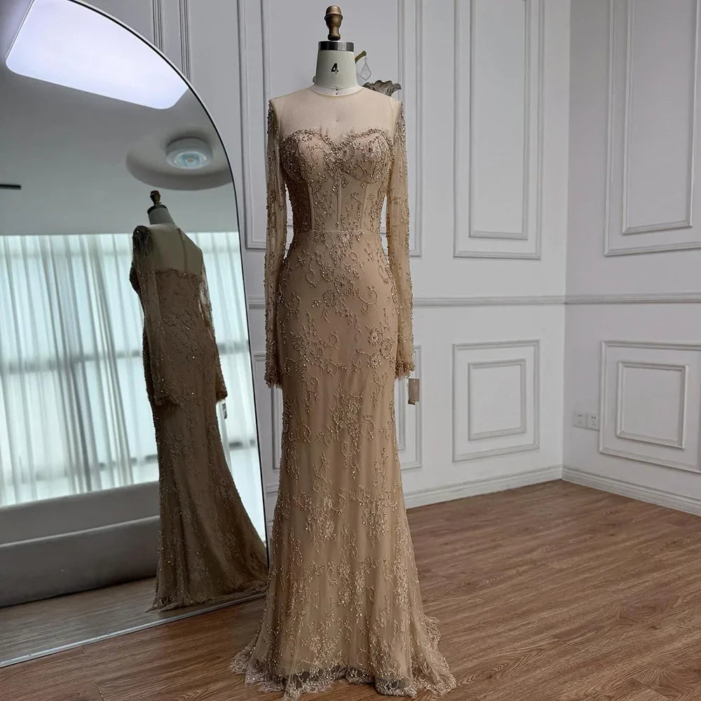 Arabic Lace Simple Style Long Sleeves Modest Mermaid Evening Dress CLA72545