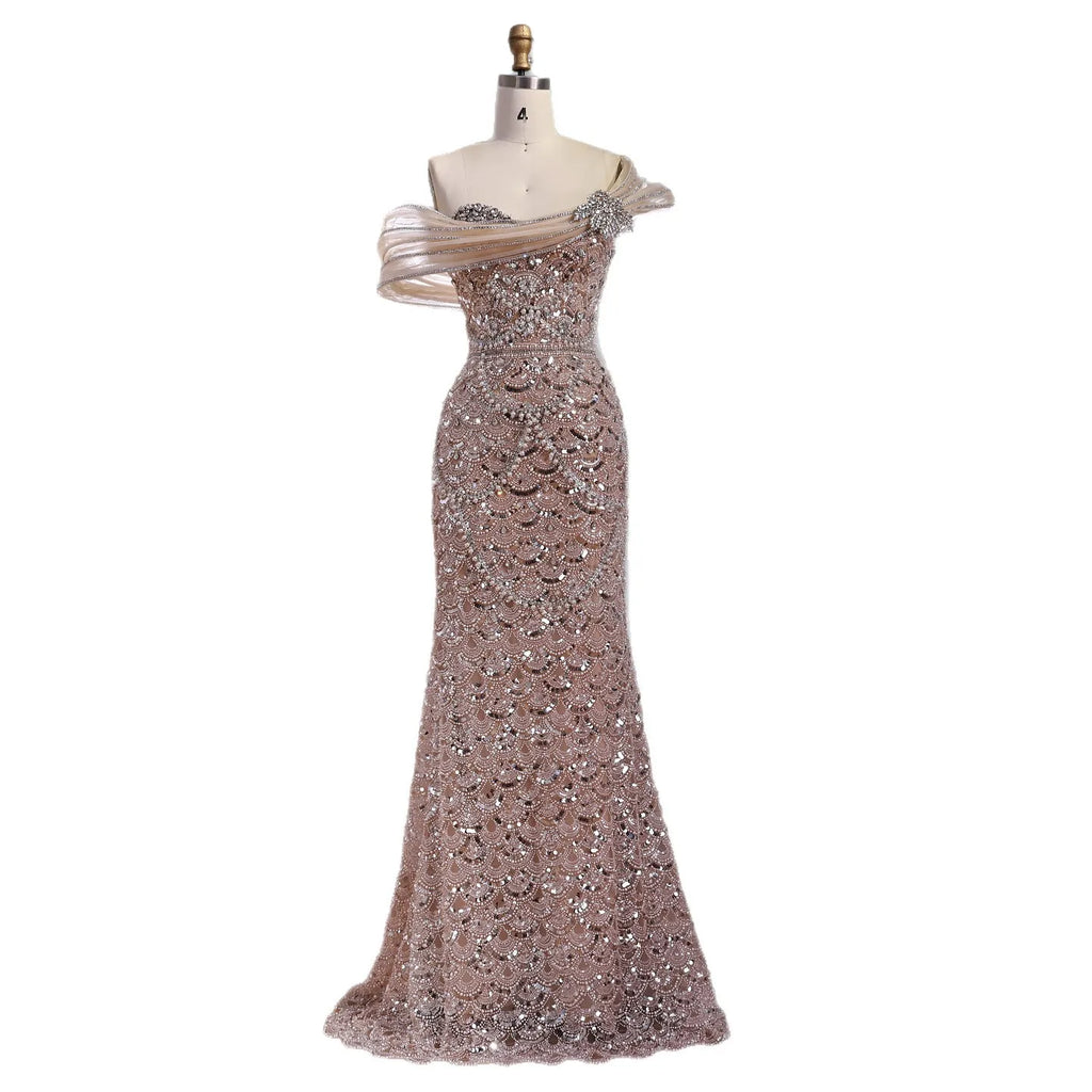Luxury Nude Beaded Off Shoulder Mermaid Evening Dress CLA73365A