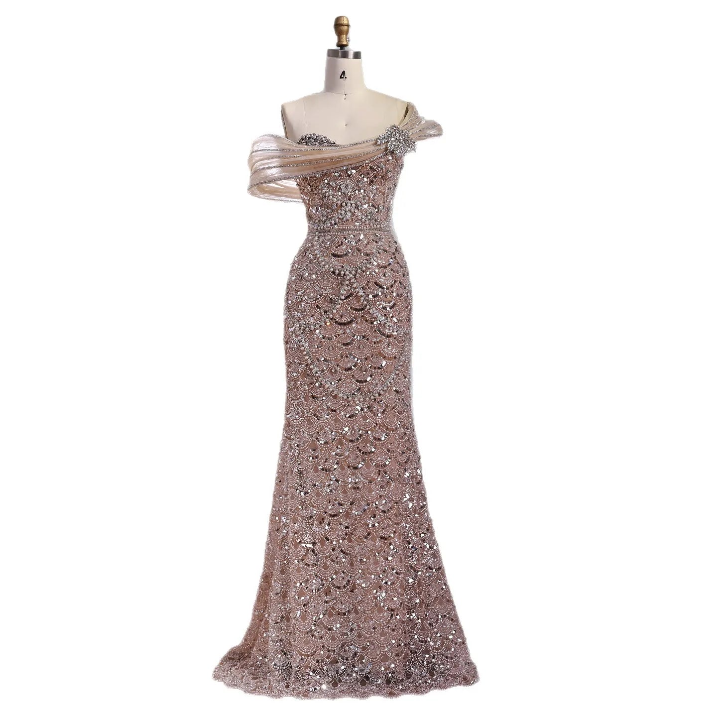 Luxury Nude Beaded Off Shoulder Mermaid Evening Dress CLA73365A