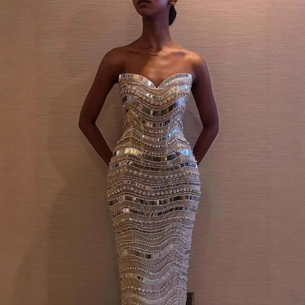 Kosovo Luxury Diamonds Full Beaded Mermaid Evening Dress Strapless Women Red Carpet Gown CLA73449