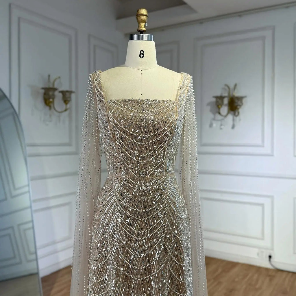 Arabic Simple Style Beaded A-Line With Cape Sleeves Square Neck Evening Dress CLA72590B