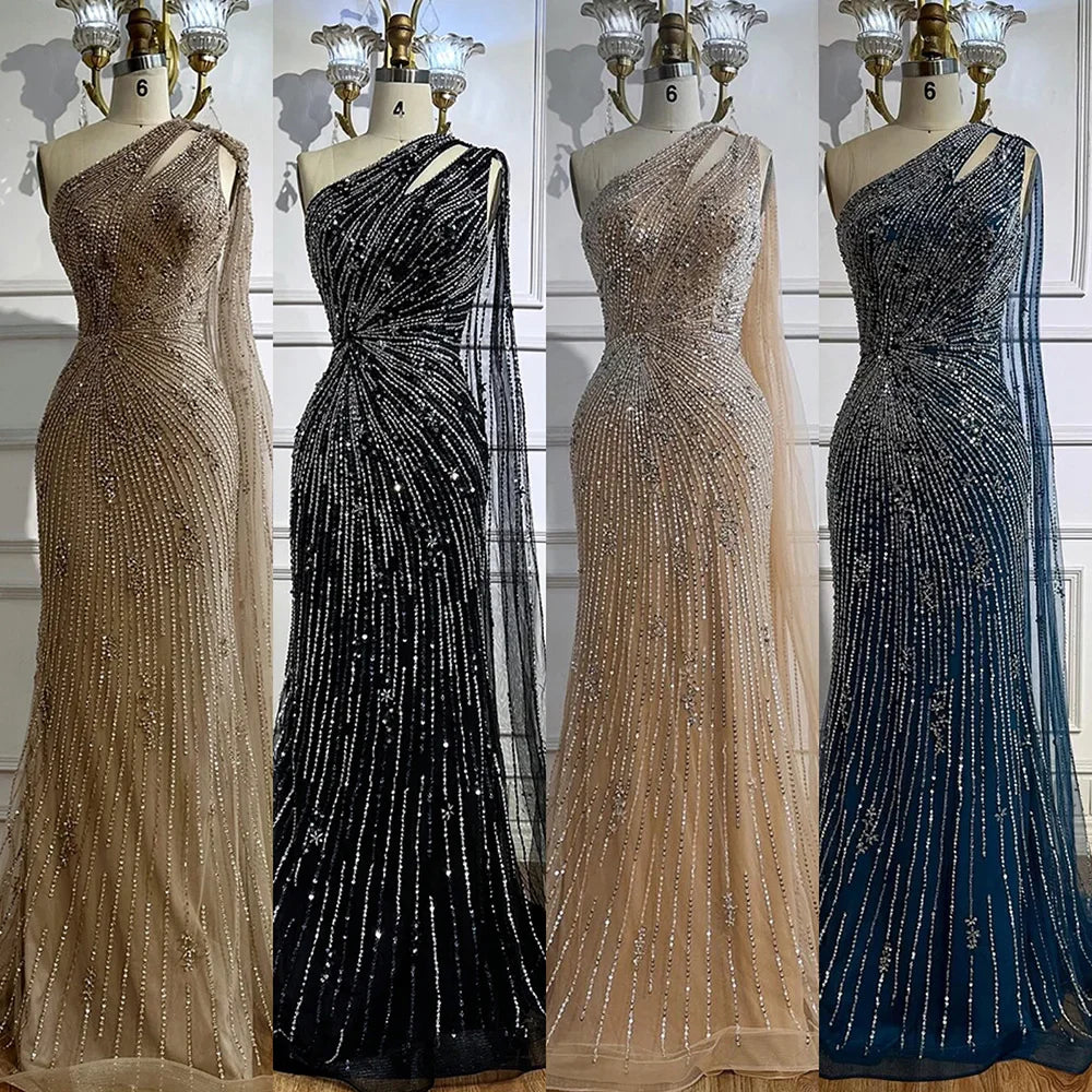 Luxury Black One Shoulder Mermaid Evening Dress with High Slit CLA72829