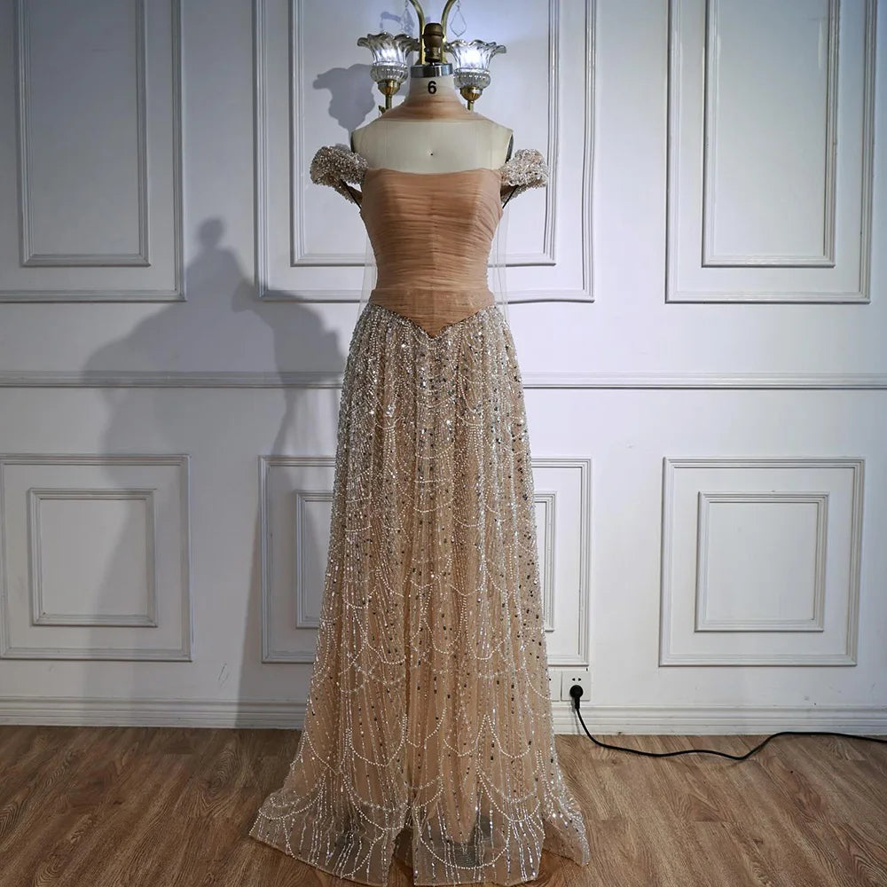 Simple Arabic Pink Pearls Beaded Evening Dress With Shawl CLA72922