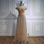 Simple Arabic Pink Pearls Beaded Evening Dress With Shawl CLA72922