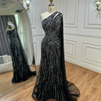 Luxury Black One Shoulder Mermaid Evening Dress with High Slit CLA72829